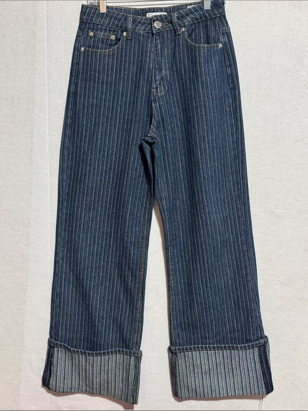 Balu Wide-Leg Striped High Rise Blue Denim Jeans with Rolled Cuffs